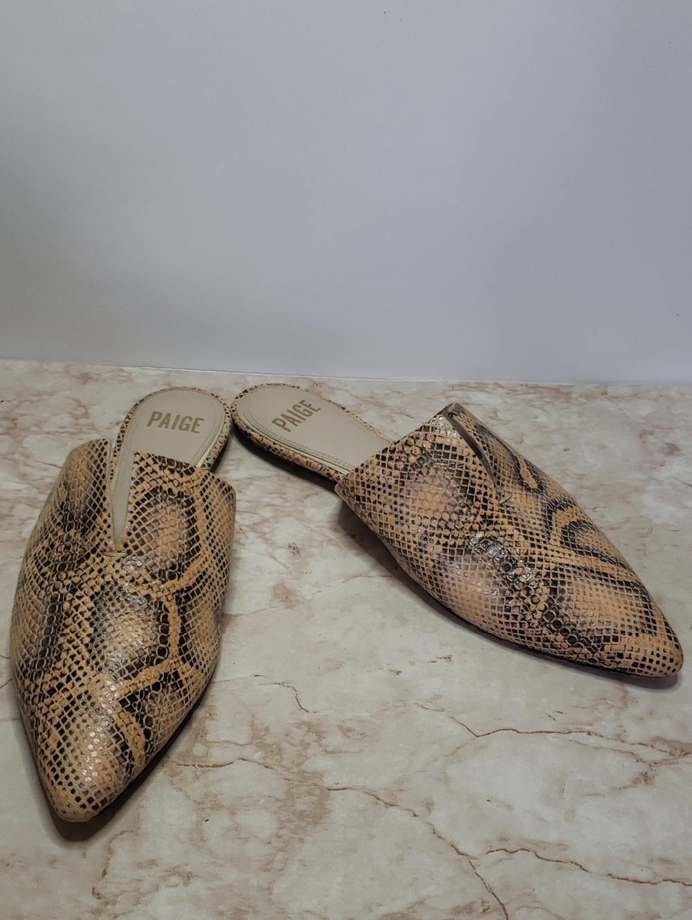 PAIGE Snake-Print Pointed Slip-On Mules in Tan and Black Size  8